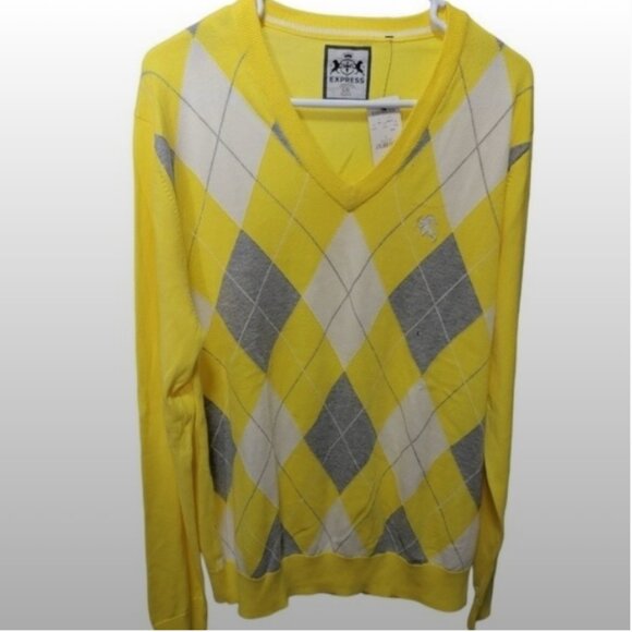 Express V neck Long Sleeves pullover  knit sweater Size L argyle yellow gray - Picture 8 of 8